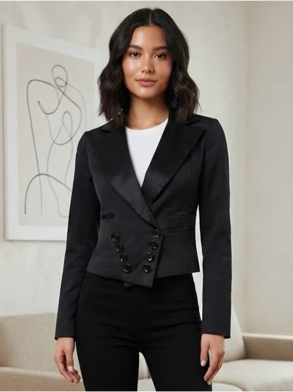 Patrizia Pepe Womenās Small Black Double Breasted Crop Tuxedo Blazer Jacket Y2K